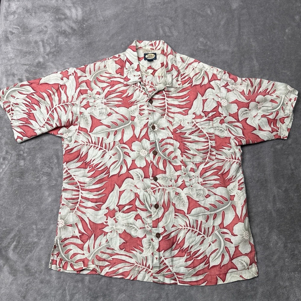 Tommy Bahama Camp Shirt Mens Red Floral 100% Linen Loop Collar S/S Palm Leaf
